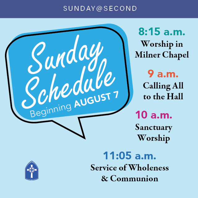 Sunday@Second

Beginning August 7, we welcome you into Sunday at Second all morning long! Plan to join us for worship, conversation, engagement for everyone, fellowship as one body of Christ, and more!
